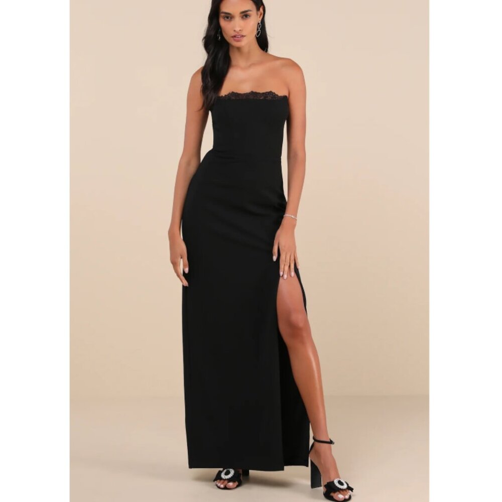 Lulus Memorably Iconic Black Strapless Lace Bustier Maxi Dress xs